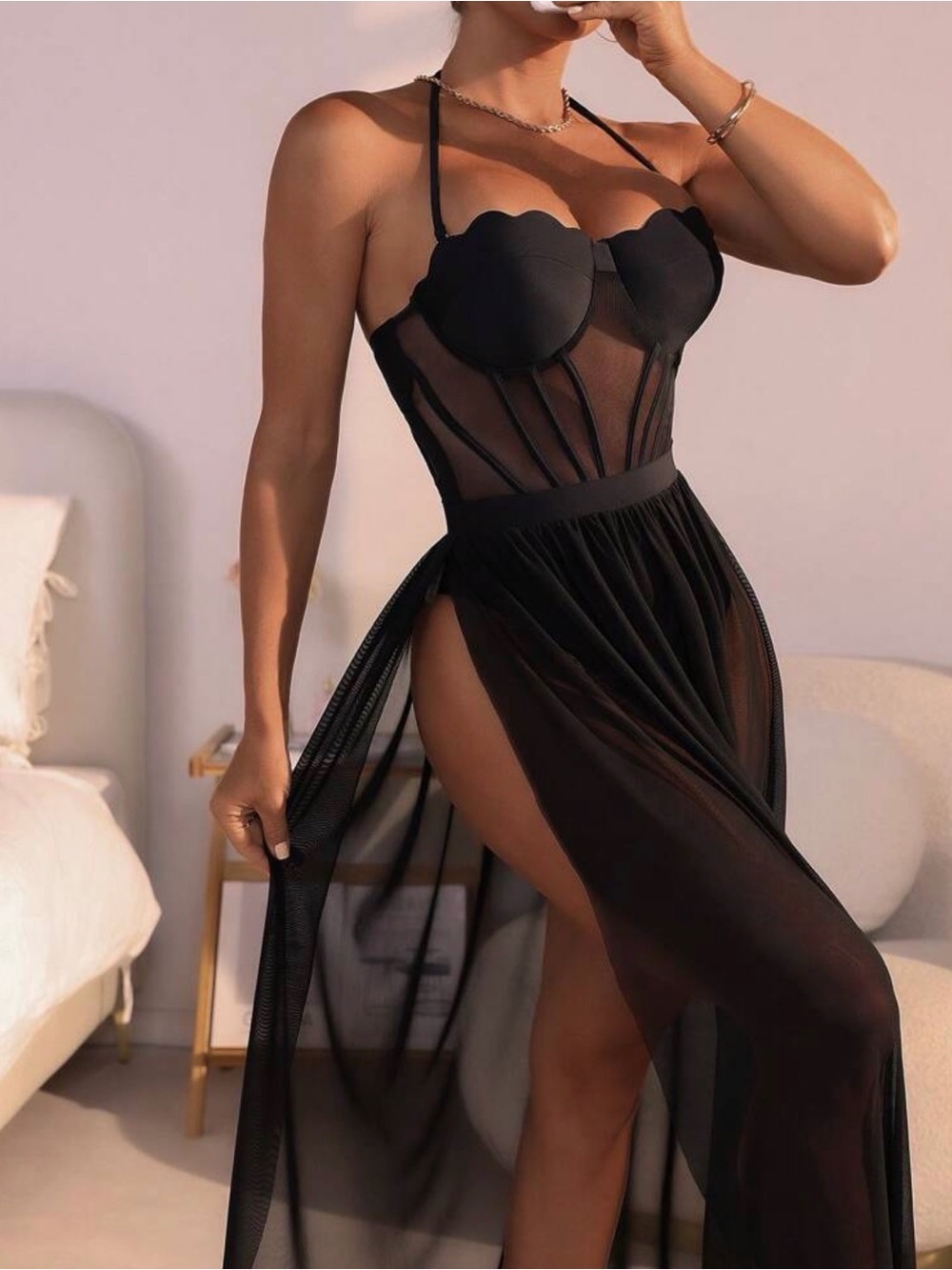 Sheer Black Mesh Corset Maxi Nightdress/ swimsuit cover up  - Women Intimates